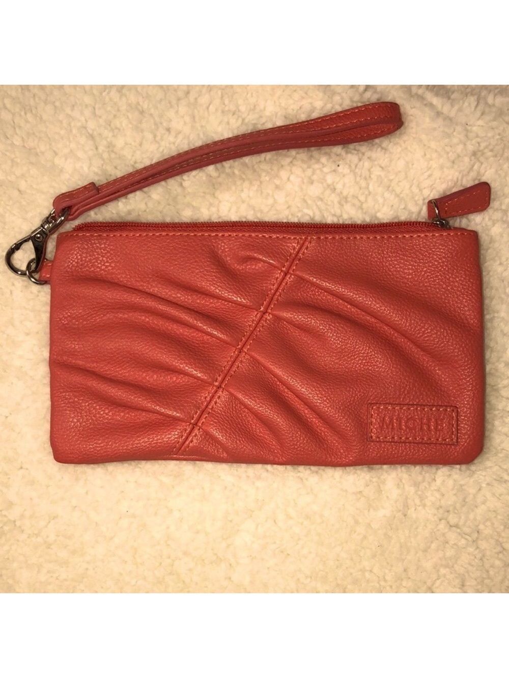Miche Faux Leather Coral Pleated Front Detail Wristlet Wallet Make up Bag